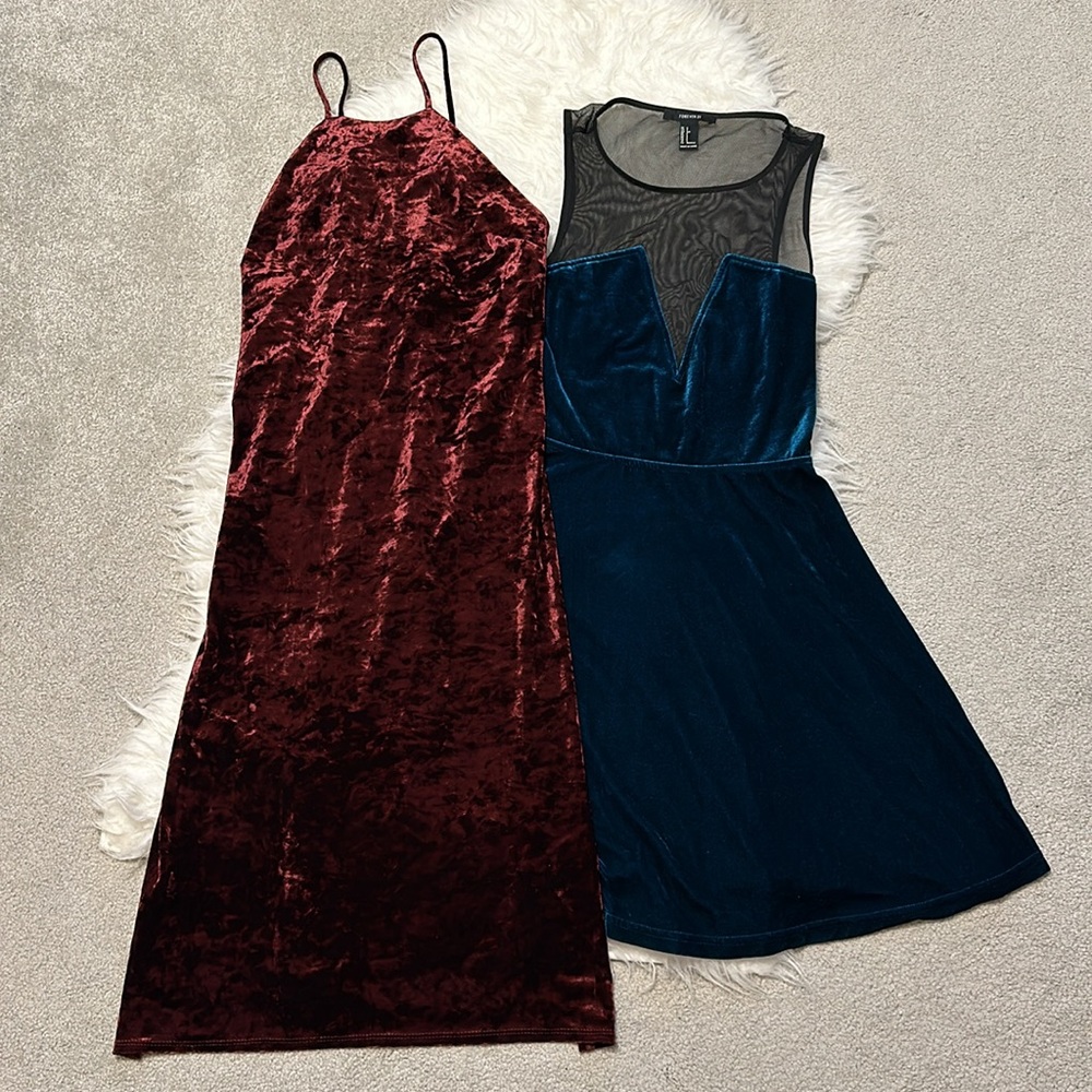 Lot of 2 - Forever 21 Velvet Teal Mesh Flared Dress & Red Crushed Velvet Tunic